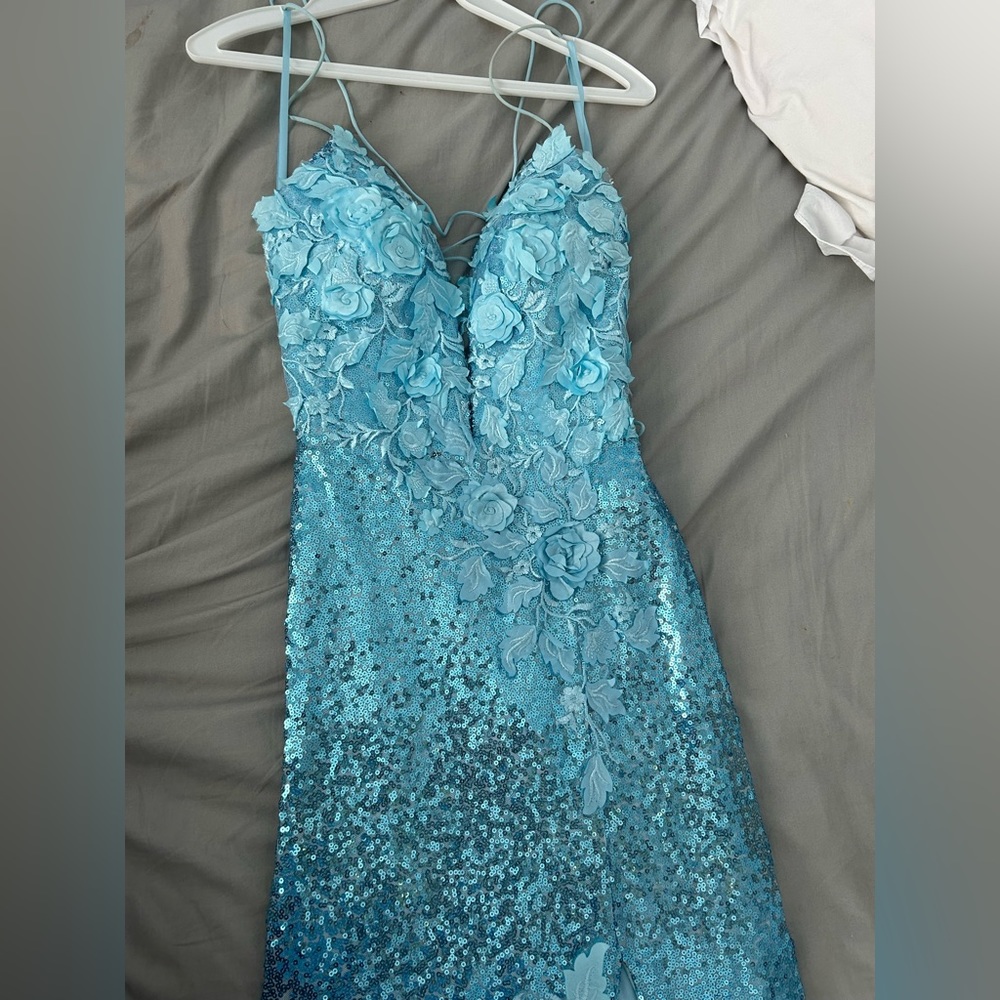 light sparkly blue prom dress